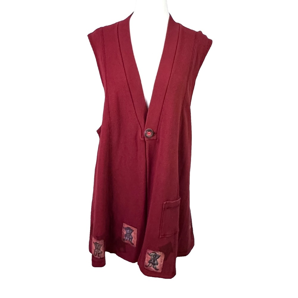 Blue Fish Women's Vest Lagenlook Art To Wear Hand Painted Waffle Burgundy Sz 0 M